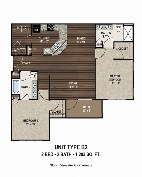Floor plan for 2 beds, 2 baths, 1203 sqft